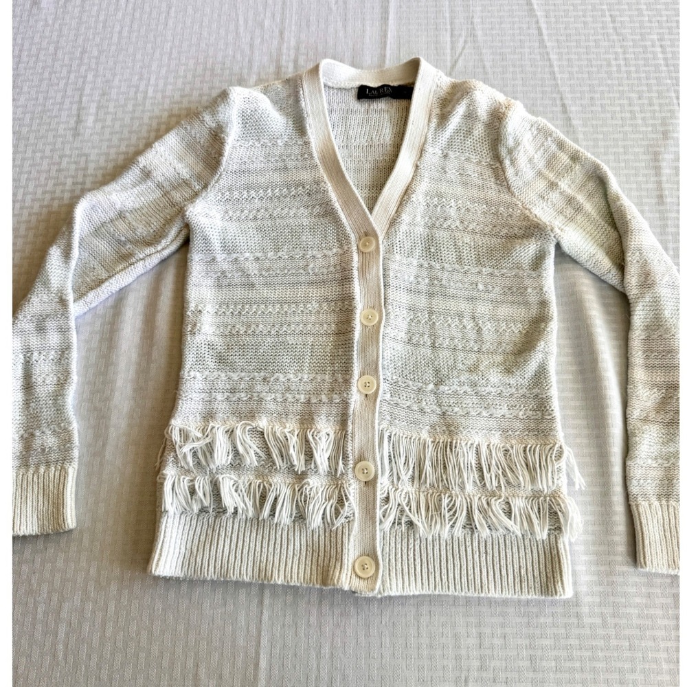 Lauren Ralph Lauren Linen Blend Fringe Cardigan Sweater Cream Blue Medium